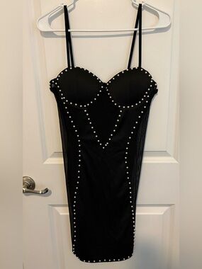 Black Studded Bodycon Dress w/Spaghetti Straps & mesh sides sz XL(run small)